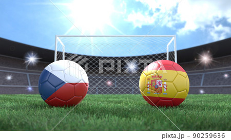 Two soccer balls in flags colors on stadium blurred background. Czech Republic and Spain. 3d image 90259636