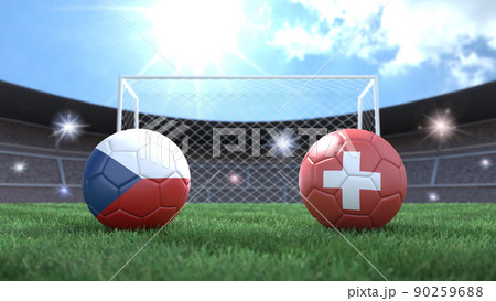 Two soccer balls in flags colors on stadium blurred background. Czech Republic and Switzerland. 3d image Two soccer balls in flags colors on stadium blurred background. Czech Republic and Switzerland. 3d image 90259688