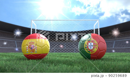Two soccer balls in flags colors on stadium blurred background. Spain and Portugal. 3d image 90259689