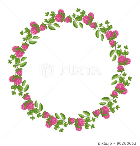 Wreath of pink clover flowers. Round frame, cute bright plant with shamrock leaves. Festive decorations for wedding, holiday, postcard, poster and design. Vector flat illustration 90260652