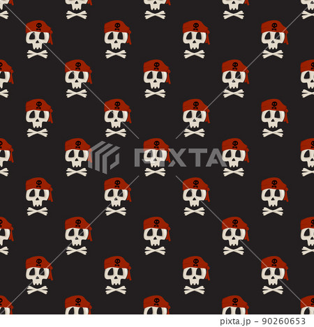 Seamless pattern with skeleton skull and crossbones in pirate bandana hat. Print of Item for Halloween on dark background. Design for textile and wrapping paper. Vector flat illustration 90260653