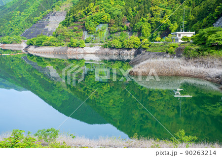 有馬ダム　名栗湖　天端からの眺め　水鏡　春　新緑の風景 90263214
