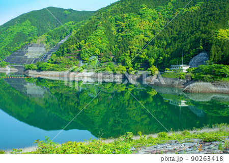 有馬ダム　名栗湖　天端からの眺め　水鏡　春　新緑の風景 90263418