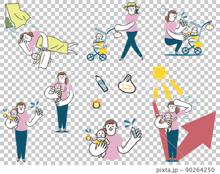 Baby and mother who survive summer, what you can do at home Illustration material set 90264250