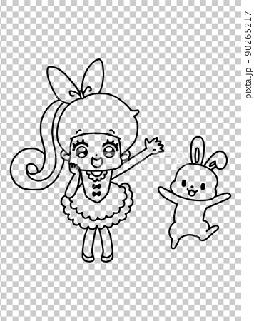 かわいい女の子とウサギ／線画 90265217