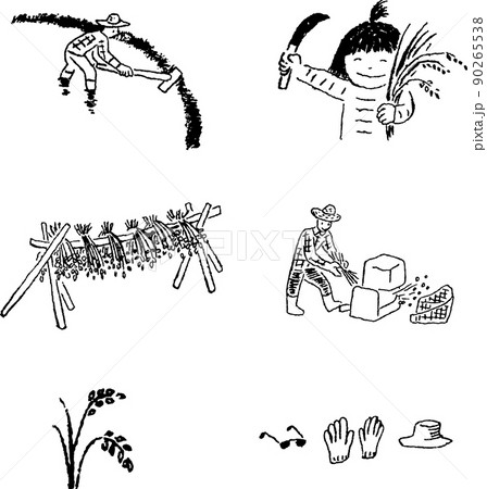 稲作畦塗りから収穫線画イラスト 90265538