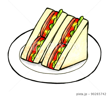 皿に乗ったBLTサンドイッチ　料理・カフェメニューの手描きイラスト素材 90265742