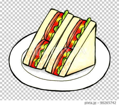 皿に乗ったBLTサンドイッチ　料理・カフェメニューの手描きイラスト素材 90265742