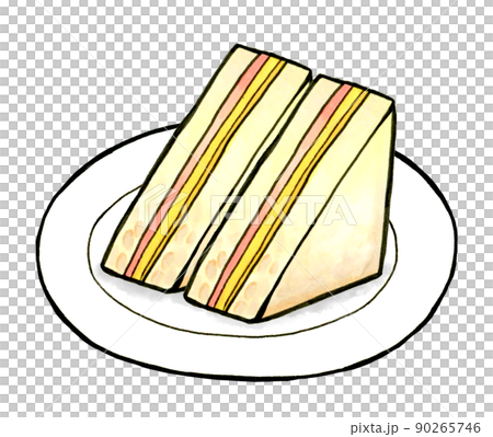 皿に乗ったハムとチーズのサンドイッチ2枚セット 料理・カフェメニューの手描きイラスト素材 皿に乗ったハムとチーズのサンドイッチ2枚セット 料理・カフェメニューの手描きイラスト素材 90265746