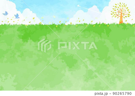 シンプルな手描きの木と草原と青空の風景イラスト 90265790