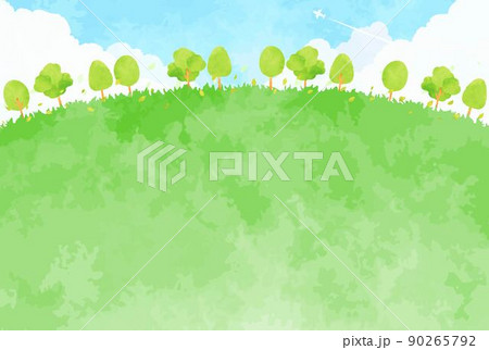 シンプルな手描きの木々と草原の風景イラストのイラスト素材
