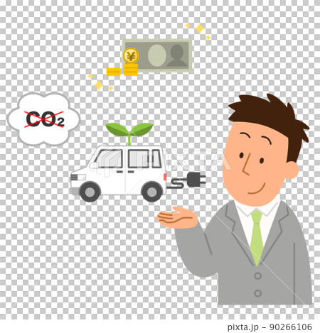 Male office worker explaining the benefits of an electric vehicle 1 Male office worker explaining the benefits of an electric vehicle 1 90266106