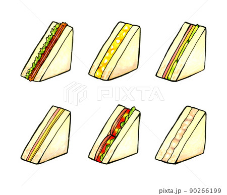 三角形のサンドイッチのイラストセット 料理 カフェメニューの手描きイラスト素材集のイラスト素材