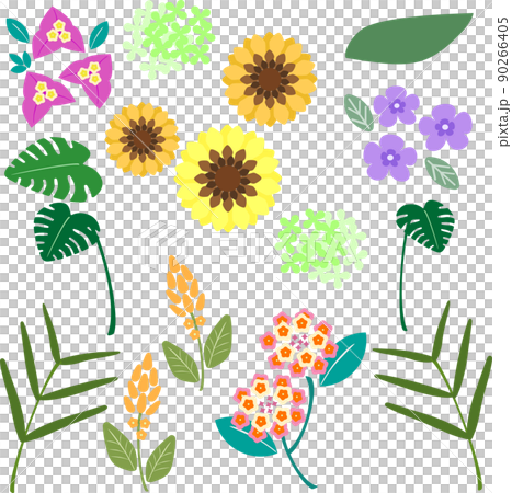 シンプルかわいいトロピカルなお花と葉っぱの素材 90266405