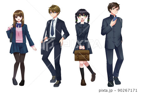 ブラシ塗りの男・女の学生の立ちイラスト　ブレザー　セーラー　学ラン 90267171