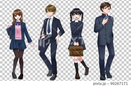 ブラシ塗りの男・女の学生の立ちイラスト　ブレザー　セーラー　学ラン 90267171