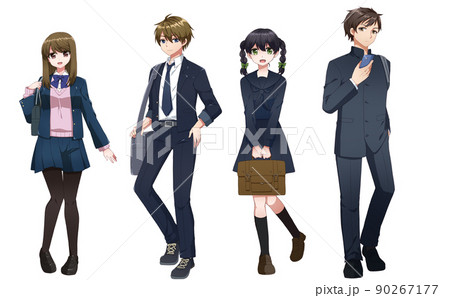 アニメ塗りの男・女の学生の立ちイラスト　ブレザー　セーラー　学ラン 90267177
