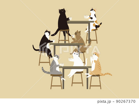 カフェで可愛い7匹の猫がコーヒーを飲んでリラックスタイム カフェで可愛い7匹の猫がコーヒーを飲んでリラックスタイム 90267370