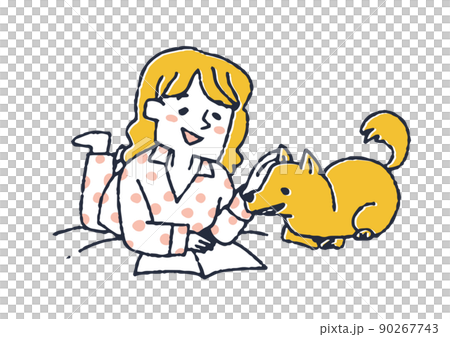 A woman spending a relaxing time with her pet dog in bed, a comical handwritten person, a happy time with an animal family 90267743