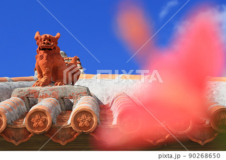 めんそーれ沖縄　青い空と赤いハイビスカスとシーサー 90268650