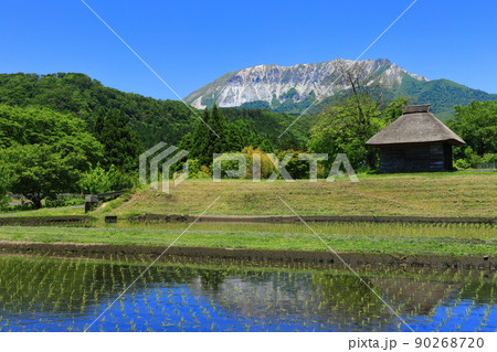 【鳥取県】快晴の大山と御机の茅葺小屋 90268720