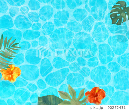 上から見た美しい海とヤシの葉と赤オレンジ黄色のハイビスカスの浮かぶ夏のおしゃれフレーム背景素材 上から見た美しい海とヤシの葉と赤オレンジ黄色のハイビスカスの浮かぶ夏のおしゃれフレーム背景素材 90272431