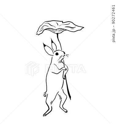 鳥獣戯画風 蓮の葉を持つウサギのイラスト素材