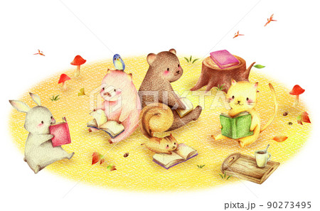 秋の野原で読書する動物たち 手描き色鉛筆画 秋の野原で読書する動物たち 手描き色鉛筆画 90273495