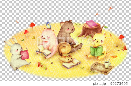 秋の野原で読書する動物たち 手描き色鉛筆画 秋の野原で読書する動物たち 手描き色鉛筆画 90273495