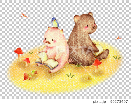 秋の野原で読書するブタとクマと青い鳥　手描き色鉛筆画 90273497