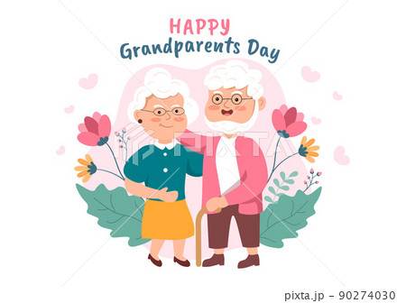 Happy Grandparents Day Cute Cartoon Illustration with Older Couple, Flower Decoration, Grandpa and Grandma in Flat Style for Poster or Greeting Card 90274030