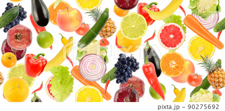 Big seamless pattern from healthy fruits and vegetables isolated on white 90275692