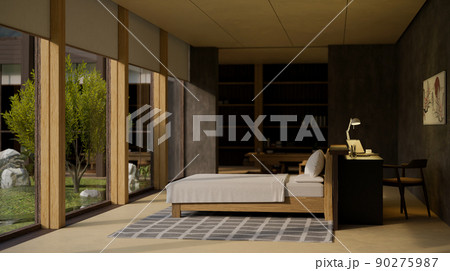 Modern contemporary bedroom interior with comfortable bed and large glass window Modern contemporary bedroom interior with comfortable bed and large glass window 90275987
