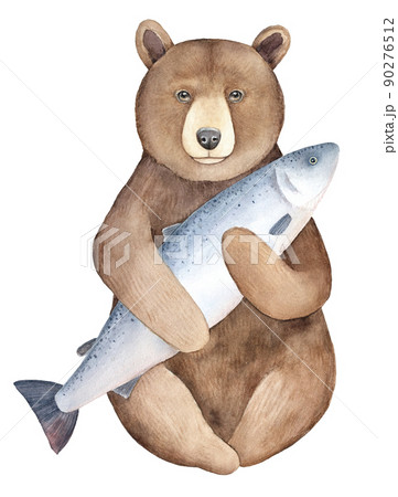 Big brown watchful bear character portrait holding huge gray fish. Symbol of wisdom, power, skills, mastery, nature, wilderness. Handdrawn watercolour graphic drawing on white, cutout design element. Big brown watchful bear character portrait holding huge gray fish. Symbol of wisdom, power, skills, mastery, nature, wilderness. Handdrawn watercolour graphic drawing on white, cutout design element. 90276512