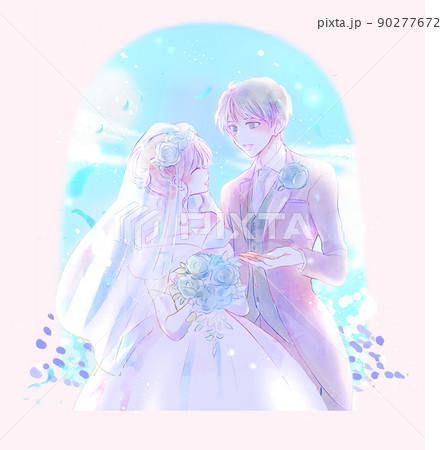 結婚式の新郎新婦 青系 お花畑のイラスト素材