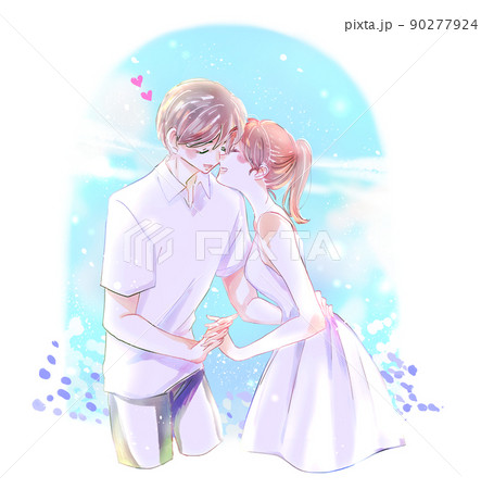 幸せそうな男女カップル　お花畑 90277924