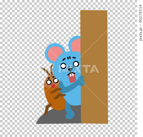 Mouse and cockroach peeking through the wall, a scared expression 90278314