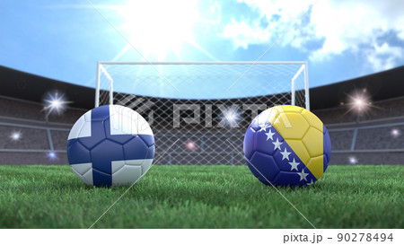 Two soccer balls in flags colors on stadium blurred background. Finland and Bosnia. 3d image 90278494