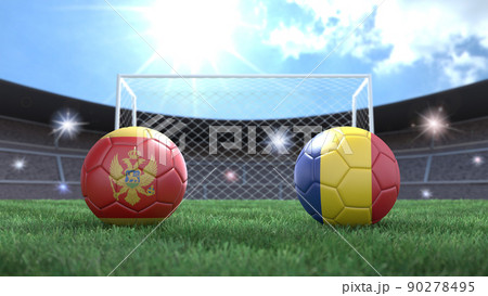 Two soccer balls in flags colors on stadium blurred background. Montenegro and Romania. 3d image 90278495