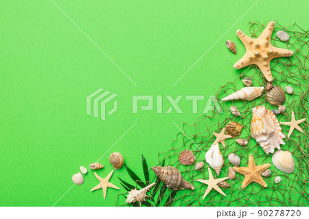 Summer time concept Flat lay composition with beautiful starfish and sea shells on colored table, top view with copy space for text Summer time concept Flat lay composition with beautiful starfish and sea shells on colored table, top view with copy space for text 90278720