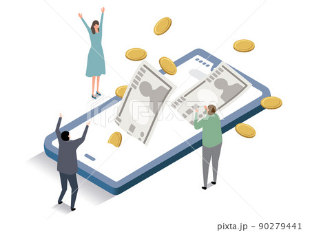 アイソメトリック_スマホからお金が出て喜ぶ人々 アイソメトリック_スマホからお金が出て喜ぶ人々 90279441