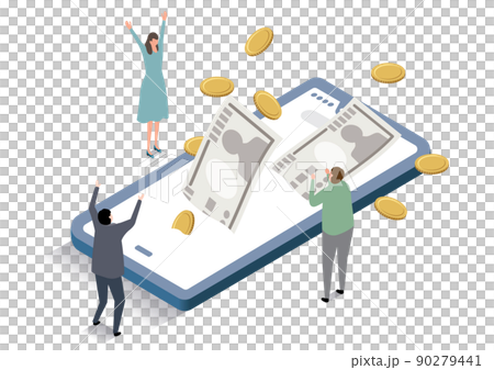 アイソメトリック_スマホからお金が出て喜ぶ人々 アイソメトリック_スマホからお金が出て喜ぶ人々 90279441