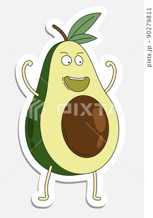 Cheerful avocado character in doodle style. Hand drawn cartoon icon with stroke. Cartoon vector sticker isolated on white background 90279811