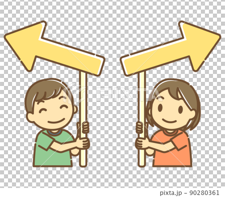 笑顔で矢印を掲げる二人の人物 笑顔で矢印を掲げる二人の人物 90280361