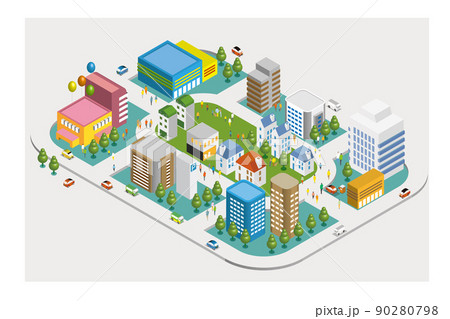 楽しい街並みと暮らしの風景。人々が明るく暮らせる建物と街づくり。3Dのアイソメトリック 楽しい街並みと暮らしの風景。人々が明るく暮らせる建物と街づくり。3Dのアイソメトリック 90280798