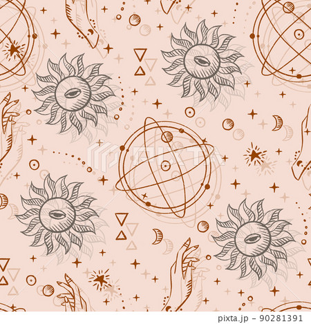 Magical seamless pattern with the sun, stars, moon. Alchemical cosmos. Celestial pattern. Vector hand-drawn background. Magical seamless pattern with the sun, stars, moon. Alchemical cosmos. Celestial pattern. Vector hand-drawn background. 90281391