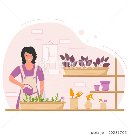Girl Watering Houseplant Home Gardening Growth Girl Watering Houseplant Home Gardening Growth 90281706