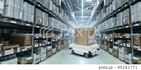 Mobile robot transporting a box in a warehouse Mobile robot transporting a box in a warehouse 90281771