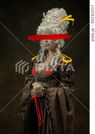 Creative artwork. Woman in image of medieval viscountess with red stroke of watercolor paint and drawings over dark background. Contemporary art, eras comparison concept 90282057