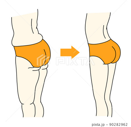 お腹周り、腰回り、お尻回り、足の肉をシェイプしたビフォーアフターのイラスト 90282962